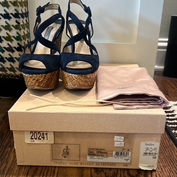 Prada Navy Suede Wicker Wedge Sandal - Picture 10 of 12
